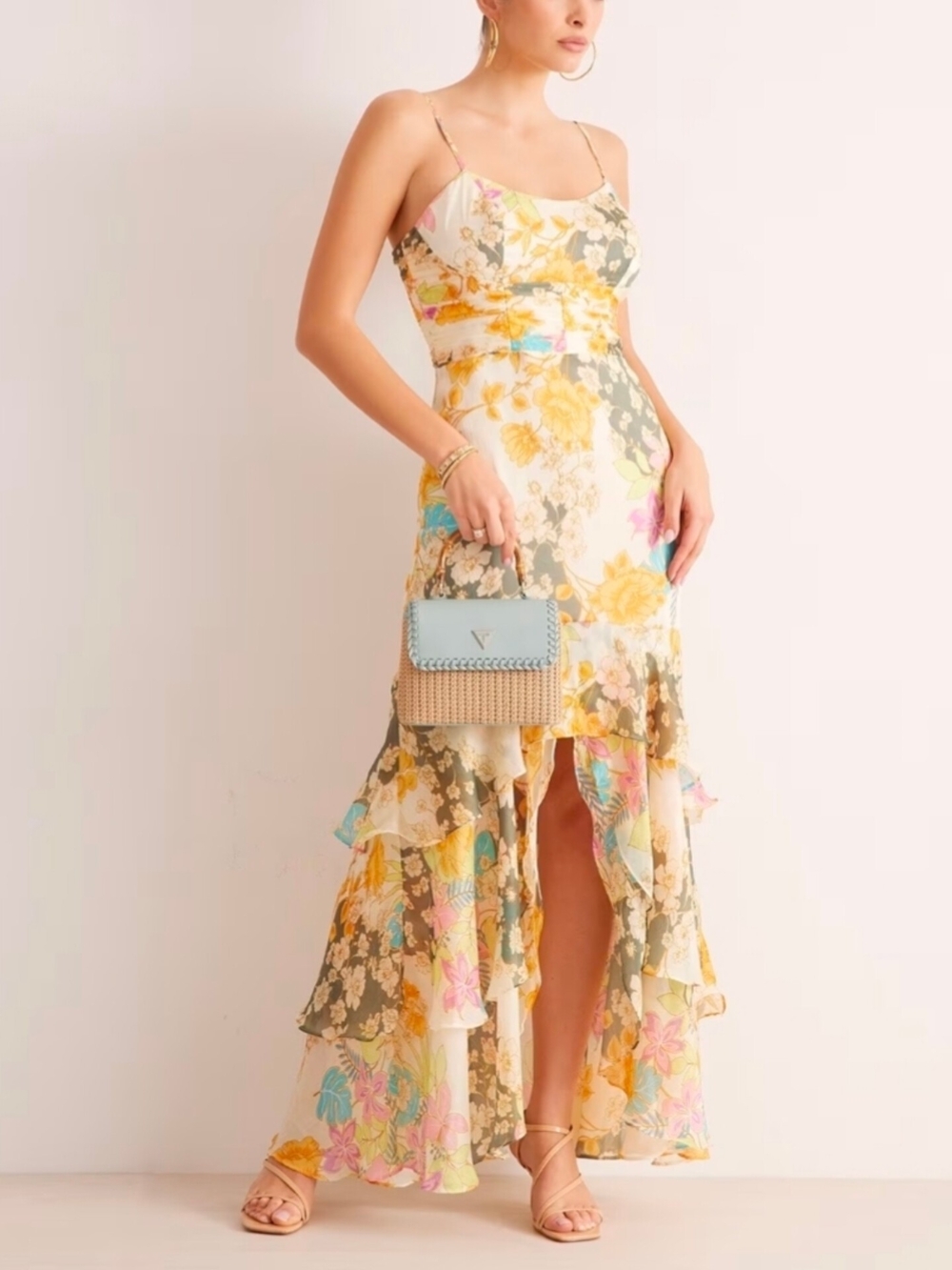 Guess Floral High-Low Slip Dress in Yellow, Pink & Blue